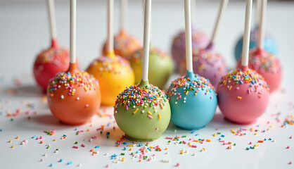 Colorful cake pops with sprinkles on white surface create festive and playful atmosphere. vibrant colors and sweet decorations make them perfect for celebrations and parties