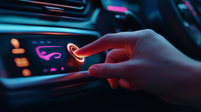 Finger pressing a sleek ignition button. Neon reflections shimmer on the polished console.