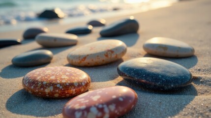 Smooth Beach Stones at Sunset A Tranquil Coastal Scene of Colorful Pebbles on Soft Sand