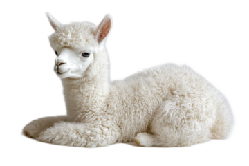 A baby Alpaca is laying down on a transparent background