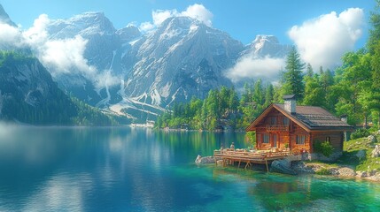 Naklejka premium Serene lakeside cabin surrounded by majestic mountains and lush greenery