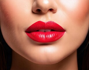 Obraz premium Close-up of a model's polished lips with vibrant red lipstick in a studio setting