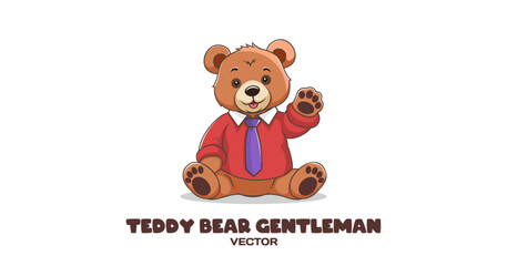 Vector cartoon cute plush brown smiling teddy bear in red sweater and lilac tie. Toon soft cuddly sitting childish toy greets and waves paw. White isolated background
