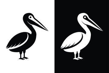  Pelican Bird Silhouette Vector Icon Black and White Background.