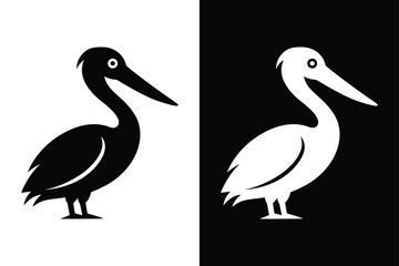 Pelican Bird Silhouette Vector Icon Black and White Background.