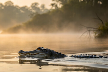 Fototapeta premium amazon rainforest, Wildlife Encounter In A Swampy Area At Dawn Sunrise View With A Reptile. A Calm