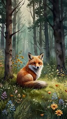 Fototapeta premium Watercolor Illustration of Fox Sleeping in Wildflower Glade