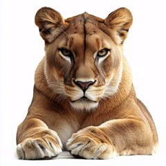 Obraz premium Majestic Lioness Rests Gracefully On White Background