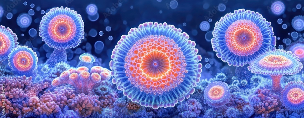 Poster colorful abstract coral reefs with unique shapes and textures in vibrant ocean environment