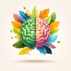 Naklejka premium Vibrant Artistic Representation of Brain with Leaves Symbolizing Nature and Growth in Creative Style