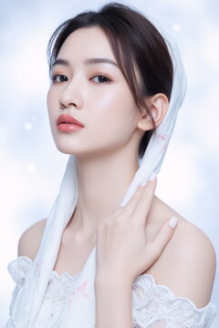 Graceful Asian Woman in Delicate White Lace Covering