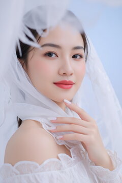 Graceful Asian Woman in Delicate White Lace Covering