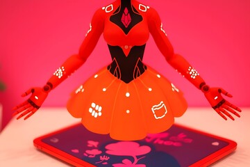 Floating Red Robot Girl in a Dress