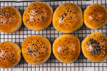 Hamburger buns with sesame seeds on a black grill on a white background. View from above.