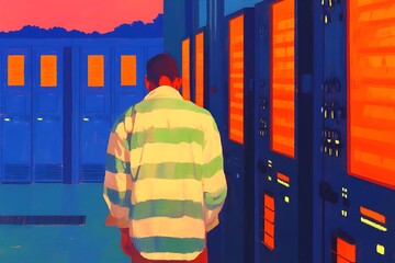 Colorful Person Back View in Front of School Lockers and Machines