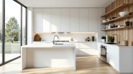 Fototapeta premium Modern minimalist kitchen design with island, sleek white cabinets, wood shelving, and expansive window showcasing natural scenery