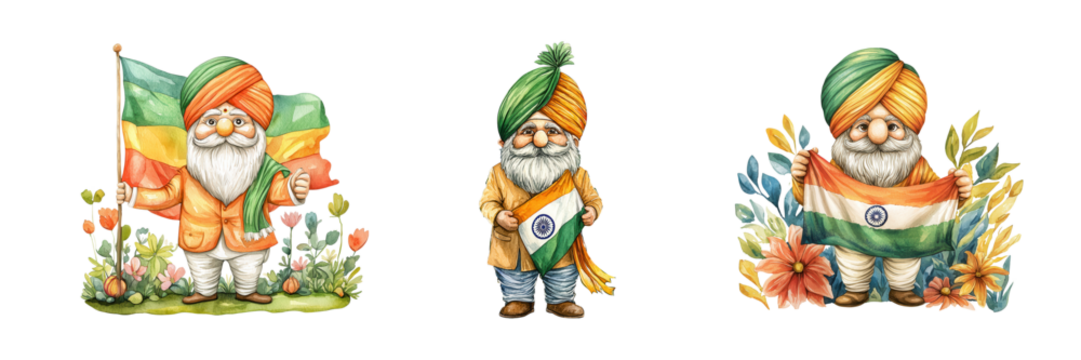 Three cheerful characters wearing traditional attire, each representing Indian culture, adorned with colorful turbans and surrounded by cultural symbols.