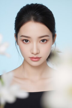 Minimal asian beauty portrait with soft floral accents