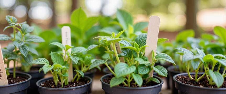 Exotic plant seedlings growing indoors in natural light, botanical beauty