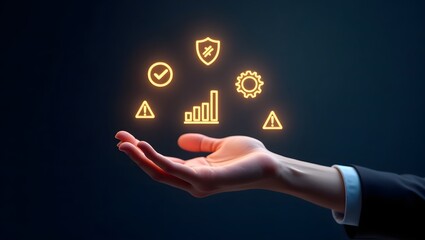 3D Hand Holding Glowing Risk Management Icons &ndash; Shield, Checklist, Chart, Warning, Gear &ndash; Futuristic Business Concept.