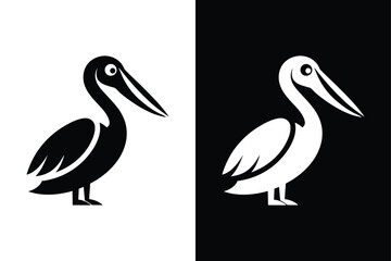  Pelican Bird Silhouette Vector Icon Black and White Background.