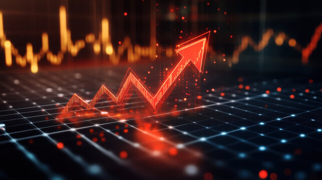 3D red graph arrow pointing upwards on grid background, symbolizing growth and success in financial markets. vibrant colors and dynamic lines evoke sense of optimism