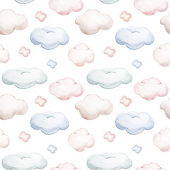 Seamlesss pattern with cartoon clouds, magic baby bear bunny toys and cow. Watercolor hand drawn illustration with white background