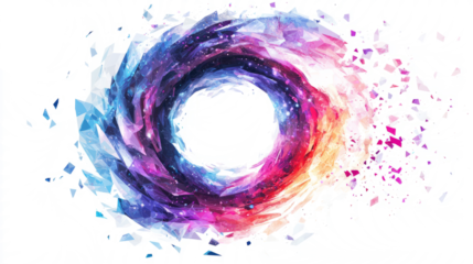 Cosmic vortex with glowing purple and blue polygonal swirls, low poly on a white background