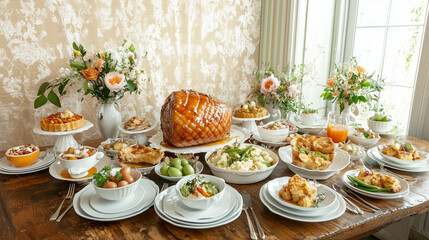 Fototapeta premium Luxurious Easter Feast with Glazed Ham and Fine China in Elegant Dining Room