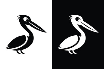  Pelican Bird Silhouette Vector Icon Black and White Background.