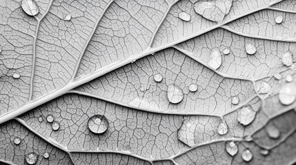 Fototapeta premium Monochromatic Leaf with Dewdrops: A Macro Study of Nature's Intricate Details