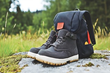 Hiking Boots and Backpack in Nature