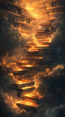 Flaming book staircase ascends through clouds, shelves.