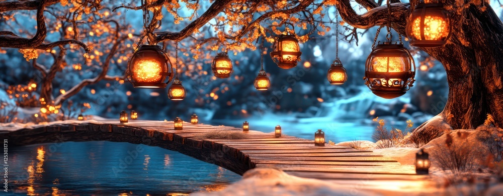 Poster Enchanted winter scene with glowing lanterns hanging from a tree over a serene waterway at twilight