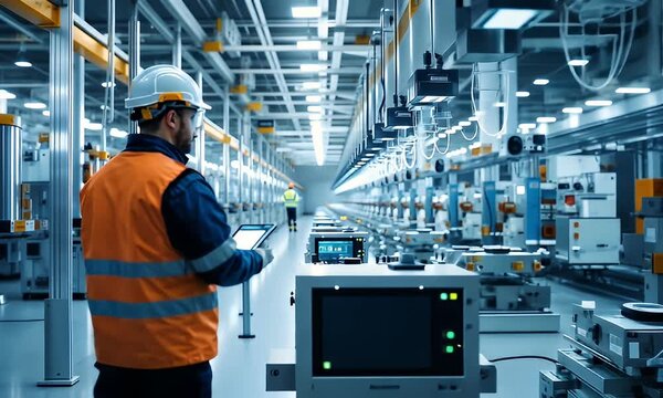 Factory worker inspecting machinery, automated production line, industrial background, manufacturing process