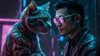 A cyberpunk-inspired scene of a man with a robotic pet cat featuring AI-powered eyes and an interactive holographic display

