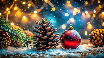 Long Exposure Christmas Ornament & Pine Cones - Festive Winter Holiday Background
