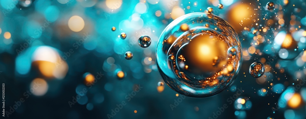 Poster beautifully abstract bubbles with glittering lights and soft blue background in high definition visu