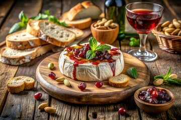 Warm brie, red wine jelly, artisan bread, and almonds, served rustic-style on a wooden board.