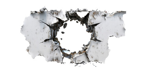 A bullet hole in a metal sign, with the torn edges and fragments conveying the force.