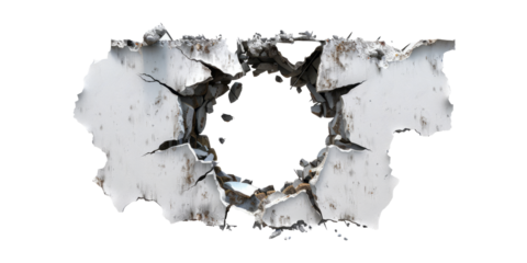 A bullet hole in a metal sign, with the torn edges and fragments conveying the force.