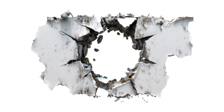 A bullet hole in a metal sign, with the torn edges and fragments conveying the force.