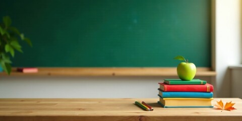 Obraz premium A serene classroom scene featuring a stack of colorful books, a vibrant green apple, and pencils resting on a light wood desk against a dark green chalkboard