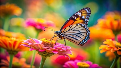 Naklejka premium Long Exposure Monarch Butterfly on Zinnia Flower - Vibrant Nature Photography