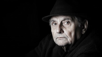 Fototapeta premium Elderly caucasian male in hat with black background.