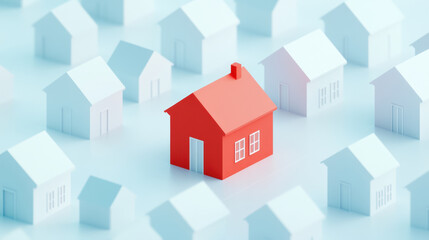 vibrant red house stands out among sea of white houses, symbolizing uniqueness and individuality in serene neighborhood