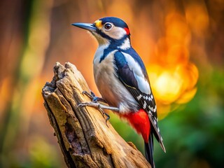 Naklejka premium Long Exposure Photography of a Great Spotted Woodpecker (Dendrocopos major) on a Tree Trunk