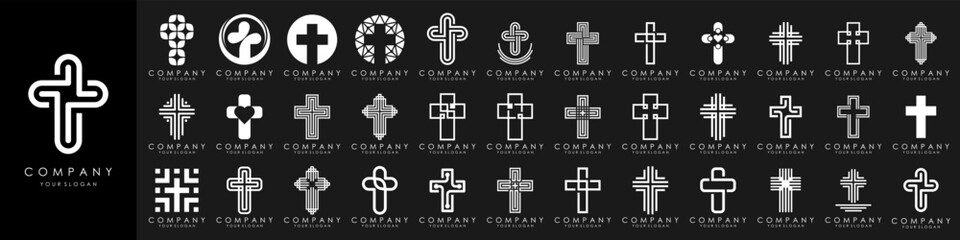 Fototapeta premium set of church logo design vector. minimal Jesus Christ Cross. line style concept for Christian Church Community inspiration