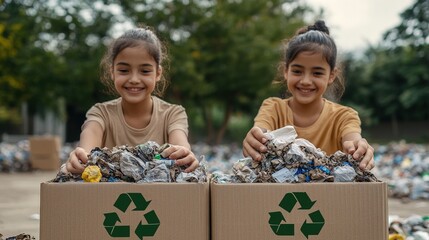 Two smiling schoolgirls putting paper in recycling bin outdoors