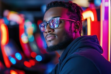 Confident african male in neon arcade wearing stylish sunglasses.